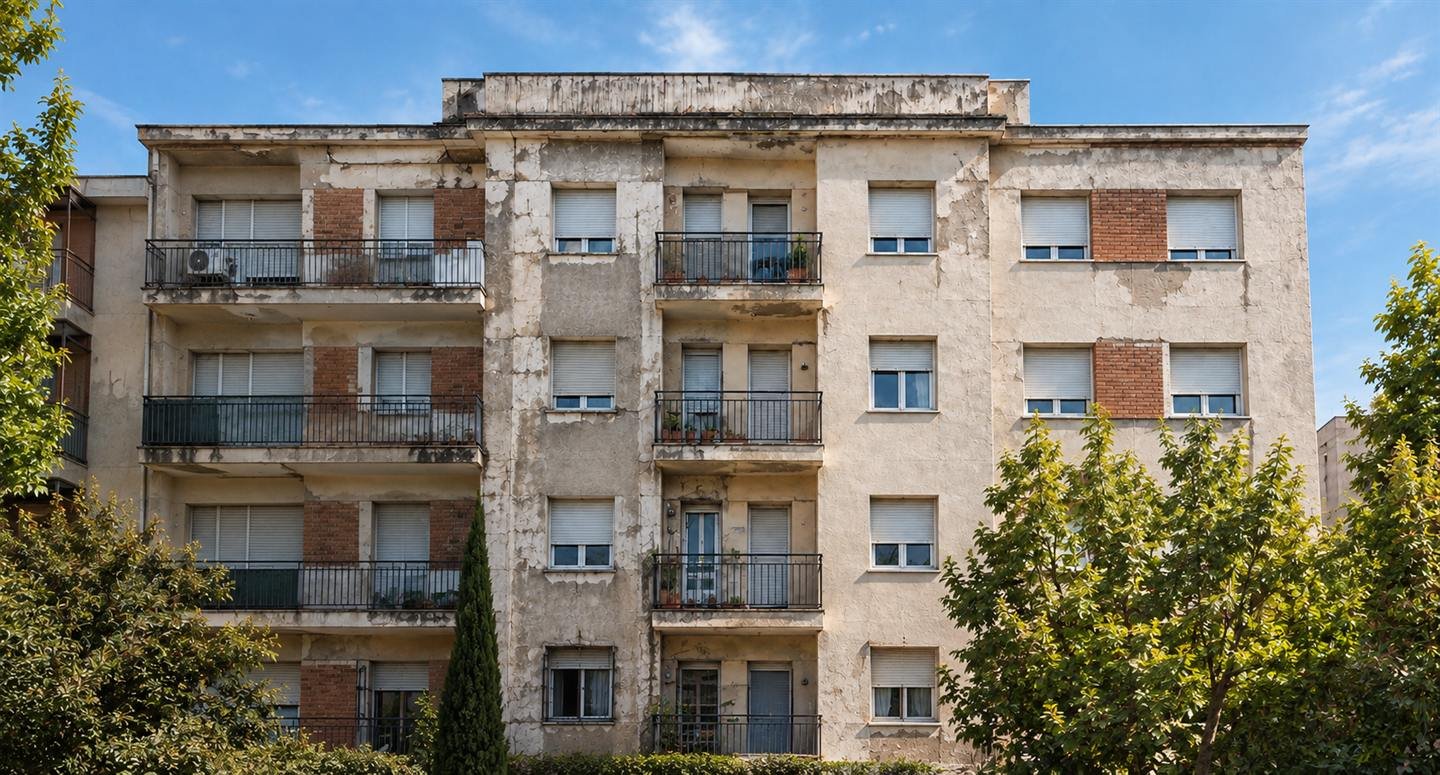 El mismo bloque antes de rehabilitar, con el revestimiento desconchado, manchas de humedad y los cantos de los balcones deteriorados