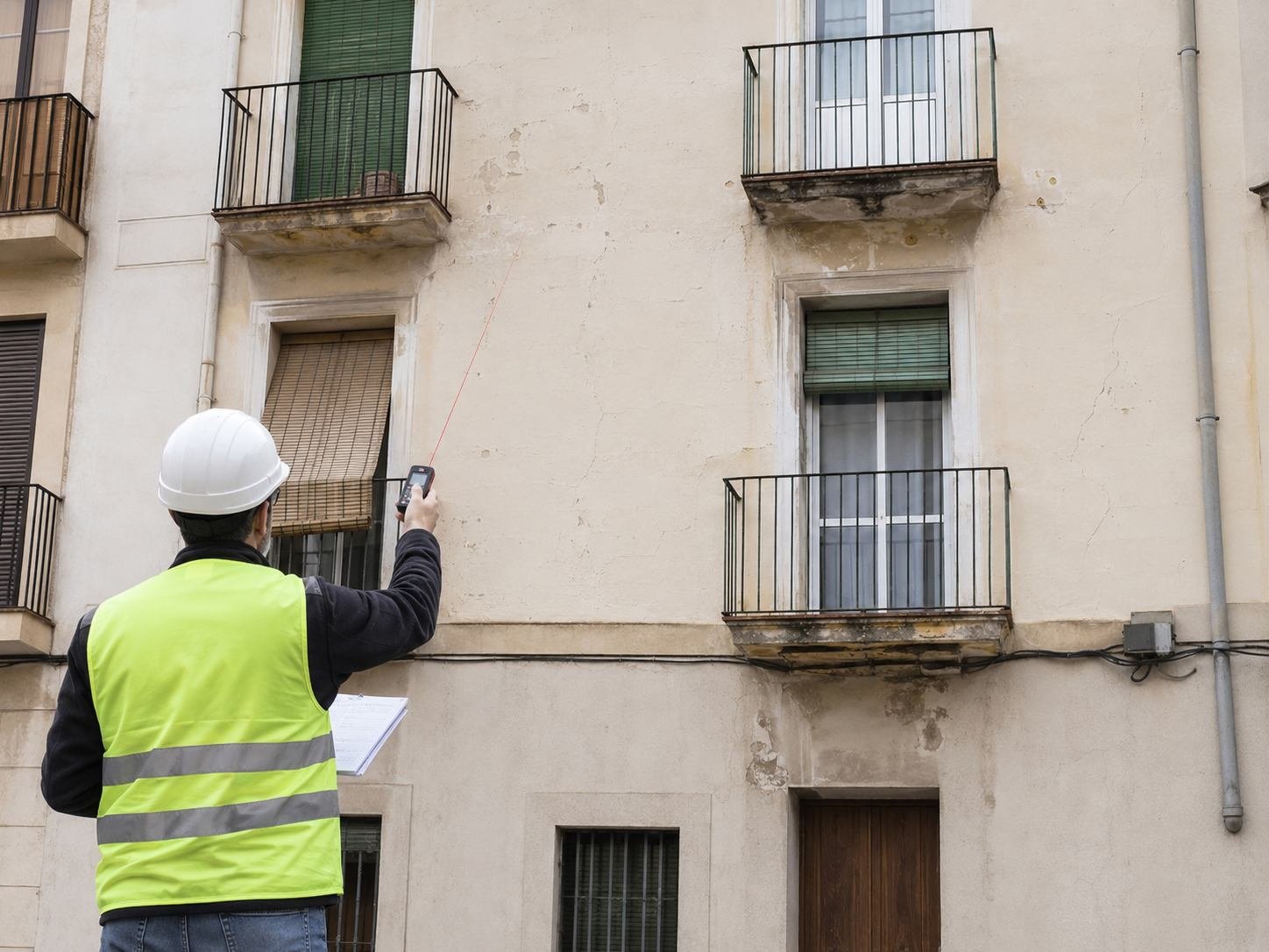 Técnico con casco y chaleco reflectante midiendo con un distanciómetro láser la fachada de un edificio sin rehabilitar, con humedades bajo los balcones, mientras anota en una libreta
