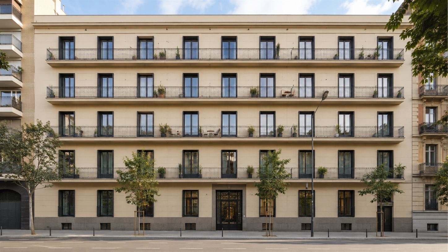 Fachada de un edificio de viviendas ya rehabilitada, con revestimiento continuo en tono arena, balcones de hierro forjado y carpintería oscura
