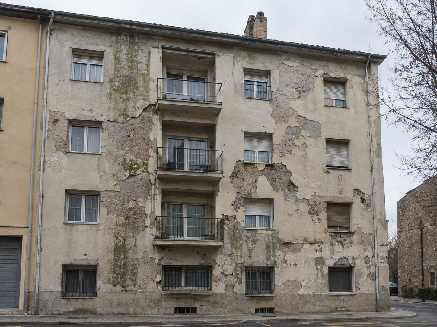 Fachada de un edificio de viviendas con el revestimiento hinchado y desprendido en placas por los ciclos de hielo y deshielo, con manchas de humedad y verdín