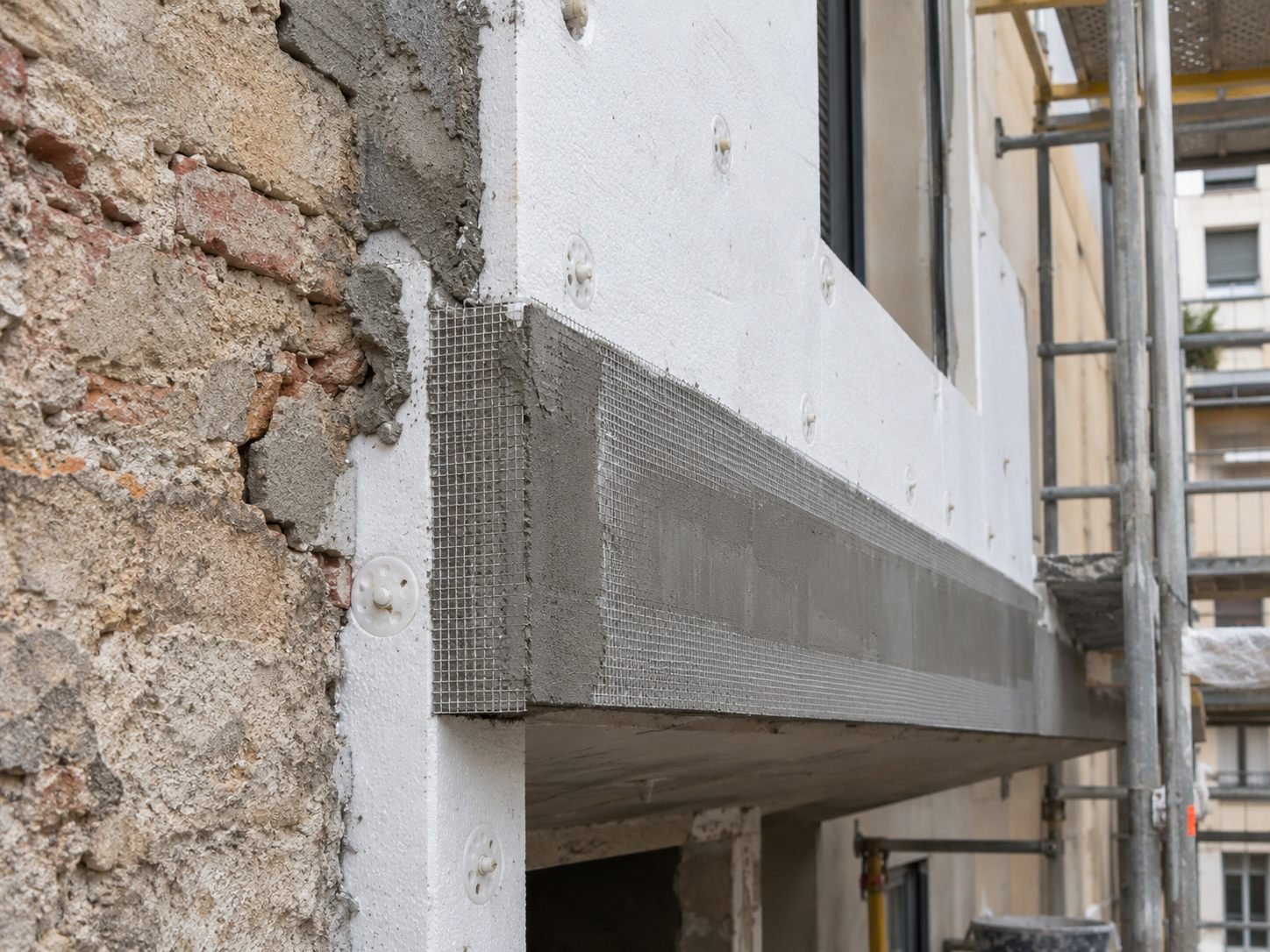 Detalle del encuentro de un sistema SATE con el canto de un balcón: placas de aislamiento fijadas con espigas, la malla y la capa base envolviendo el canto, junto al muro antiguo sin revestir