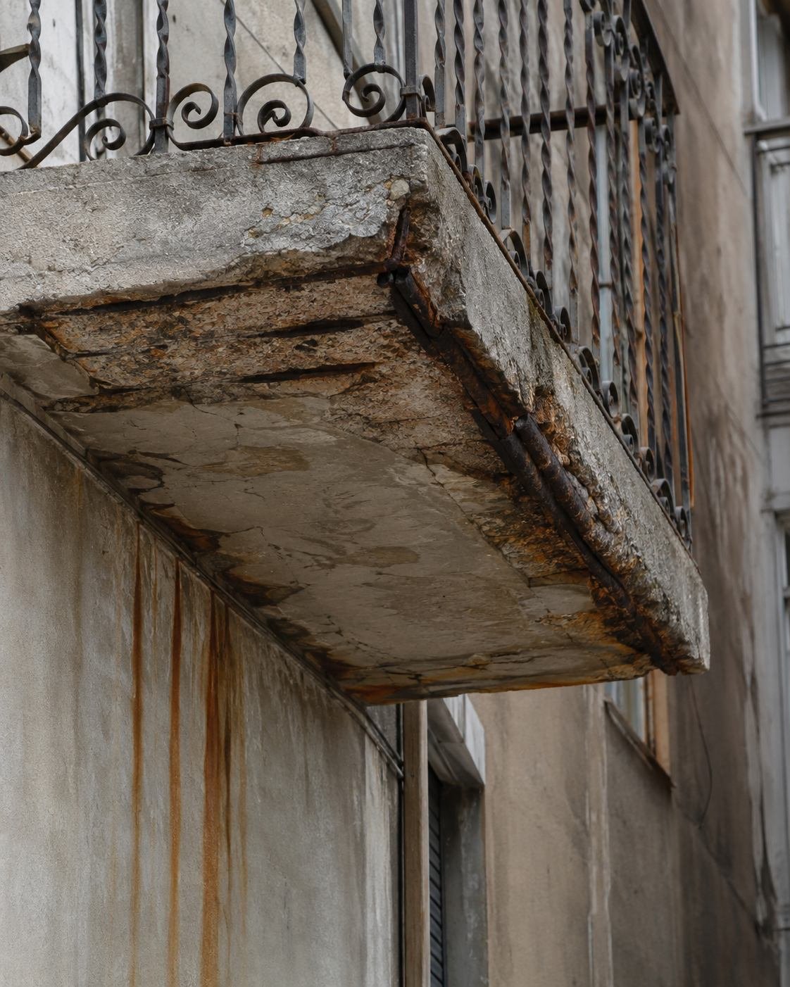 Canto de balcón con el hormigón desprendido y la armadura de acero oxidada a la vista
