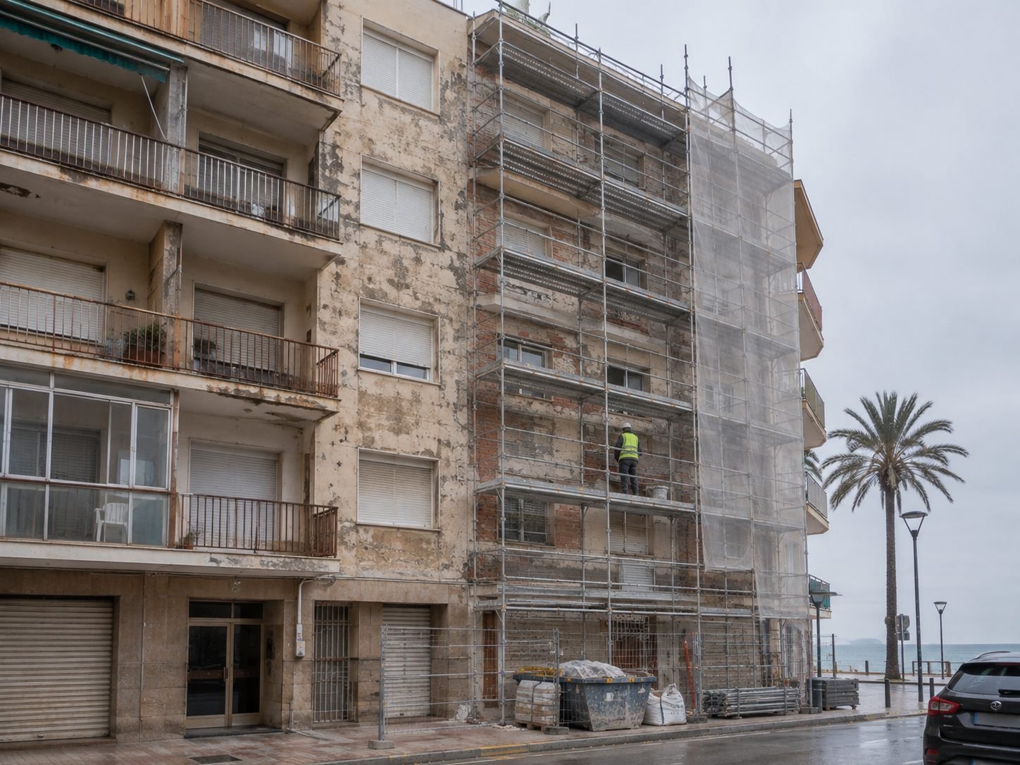 Edificio de viviendas cerca del mar en Mataró, con el andamio montado en parte de la fachada, el revestimiento desgastado por el salitre y una palmera y el mar al fondo